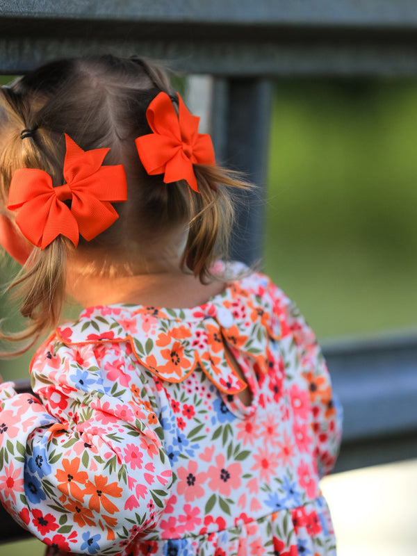Fall Halloween & Thanksgiving Pumpkin Bow Smock Embroidered Floral Dress
