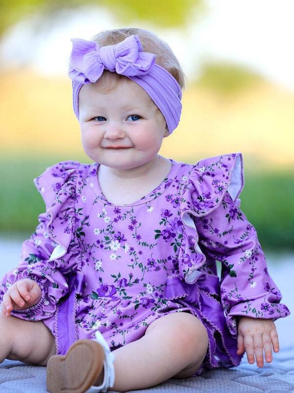 Fall Lavender Floral Print Girls Long Sleeve Romper
