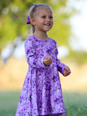 Fall Lavender Floral Print Girls Long Sleeve Twirl Dress