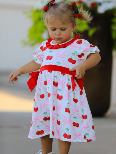 Cherry Bow Girls' Dress - Adorable cherry print dress for girls, perfect for special occasions and everyday wear.