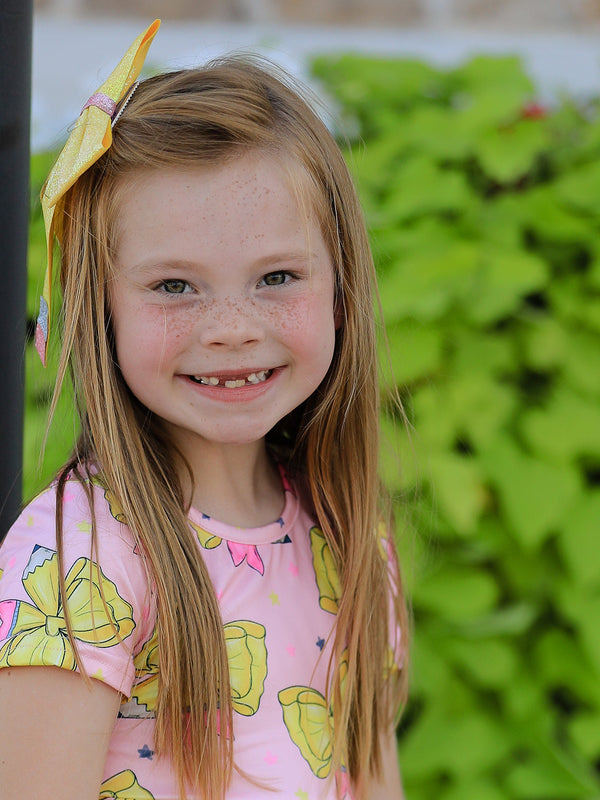 Back to School Yellow Bow Print Girls Dress