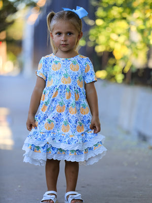 Fall Girls Pumpkin Patch Dress Lace Trim with Pockets