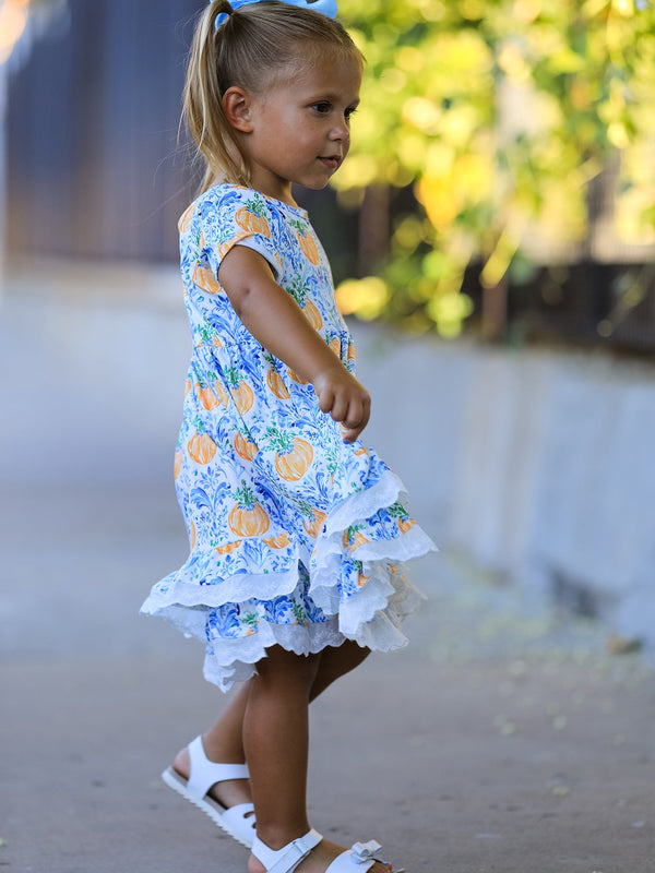Fall Girls Pumpkin Patch Dress Lace Trim with Pockets