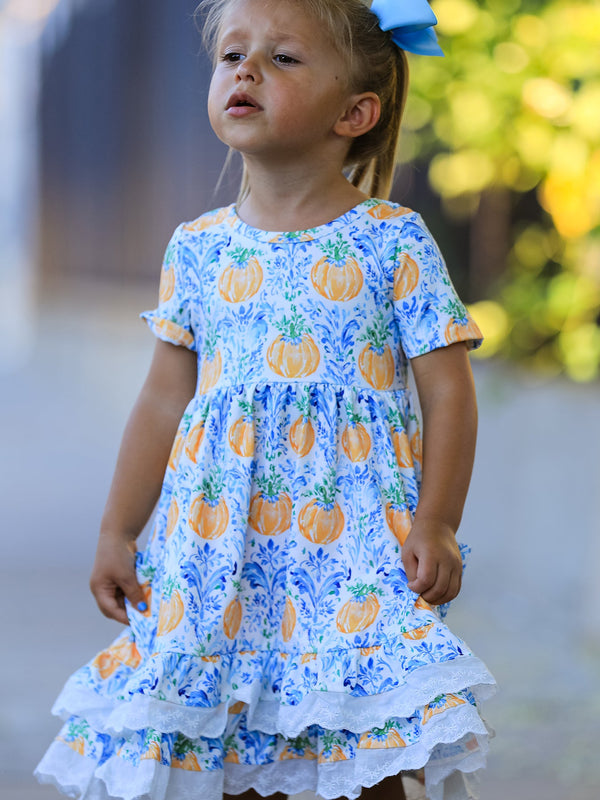 Fall Girls Pumpkin Patch Dress Lace Trim with Pockets