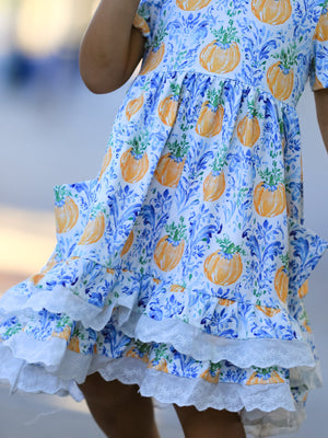 Fall Girls Pumpkin Patch Dress Lace Trim with Pockets
