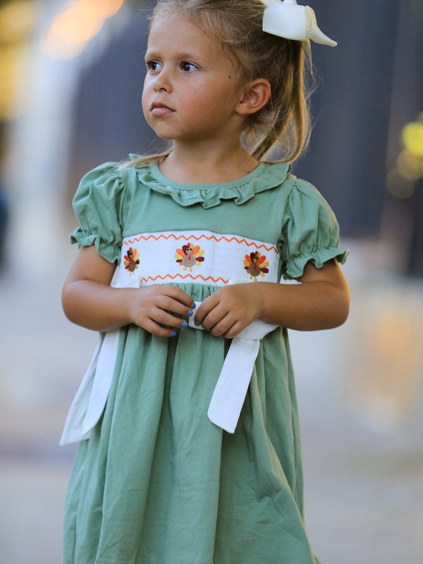Fall Thanksgiving Chicken Smock Embroidered Green  Baby Girl Dress