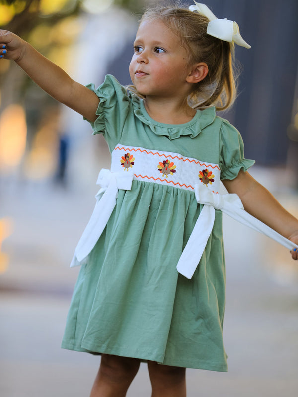 Fall Thanksgiving Chicken Smock Embroidered Green  Baby Girl Dress