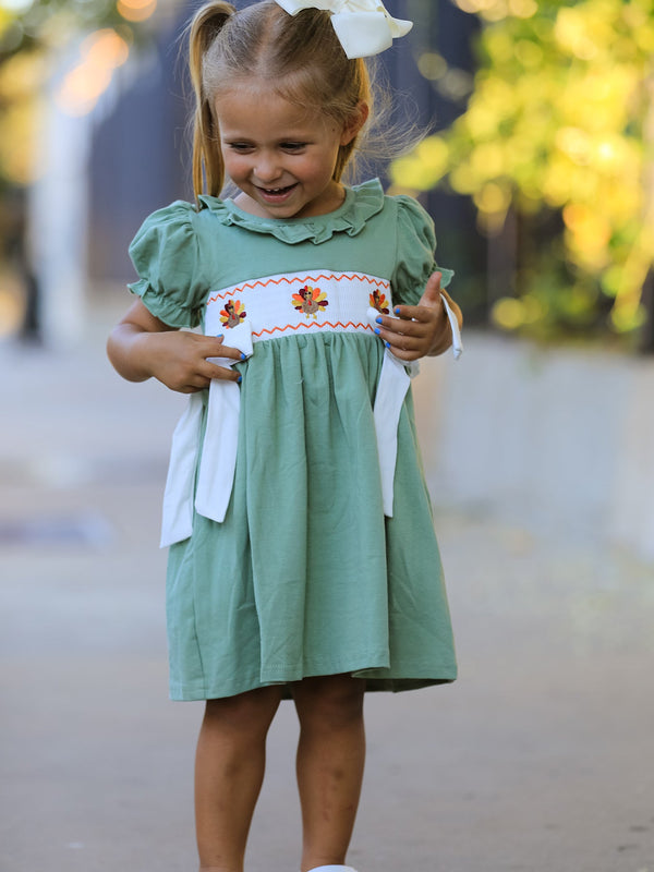 Fall Thanksgiving Chicken Smock Embroidered Green  Baby Girl Dress