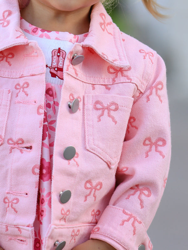 Pink fall girls' butterfly print denim top, angle view 5, perfect for stylish little ones.