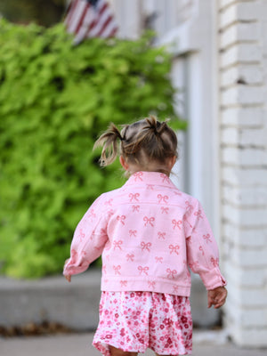 Pink fall girls' butterfly print denim top, angle 3 view, perfect for stylish little ones.