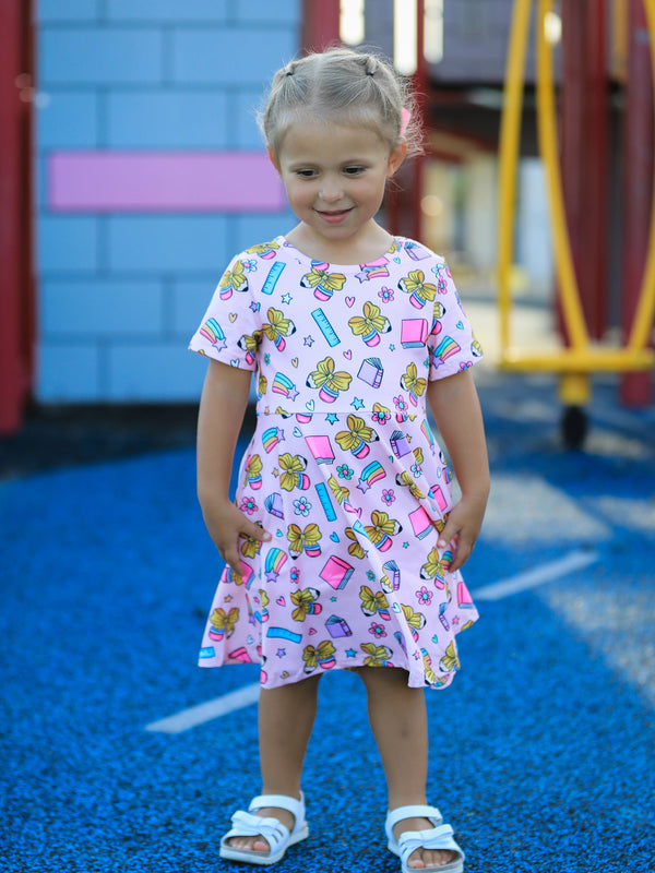 Back to School Print Girls Dress Short Sleeve