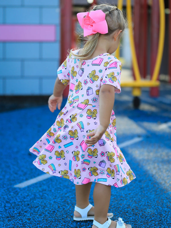Back to School Print Girls Dress Short Sleeve
