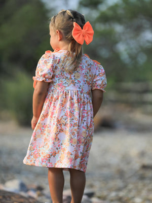 Peach Bow Smocked Floral Girl Dress