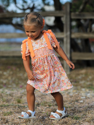 Peach Bow Smocked Floral Girl Dress