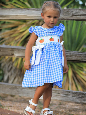 Fall Thanksgiving& Halloween Blue Pumpkin Smock Embroidery Baby Girl Dress