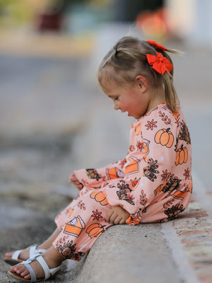 Thanksgiving Day Turkey Pie Print Ruffle Sleeve Fun Dress