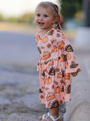 Thanksgiving Day Turkey Pie Print Ruffle Sleeve Fun Dress