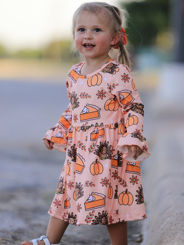 Thanksgiving Day Turkey Pie Print Ruffle Sleeve Fun Dress