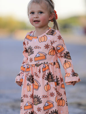 Thanksgiving Day Turkey Pie Print Ruffle Sleeve Fun Dress