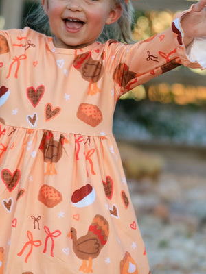 Thanksgiving Day Turkey Pie Print Ruffle Sleeve Dress