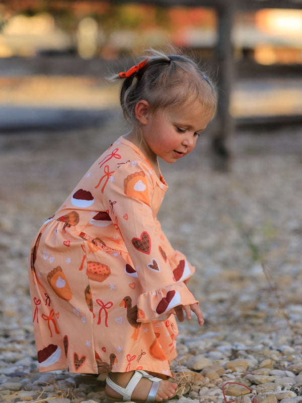 Thanksgiving Day Turkey Pie Print Ruffle Sleeve Dress