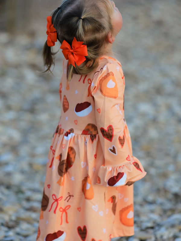 Thanksgiving Day Turkey Pie Print Ruffle Sleeve Dress