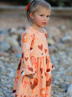 Thanksgiving Day Turkey Pie Print Ruffle Sleeve Dress