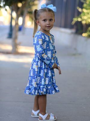 Fall Cat Print Girls Long Sleeve Ruffle Hem Dress