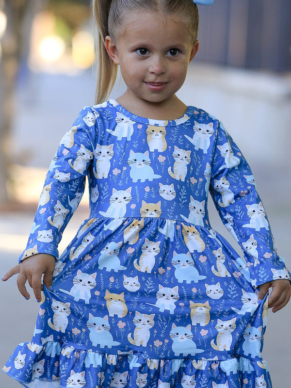 Fall Cat Print Girls Long Sleeve Ruffle Hem Dress