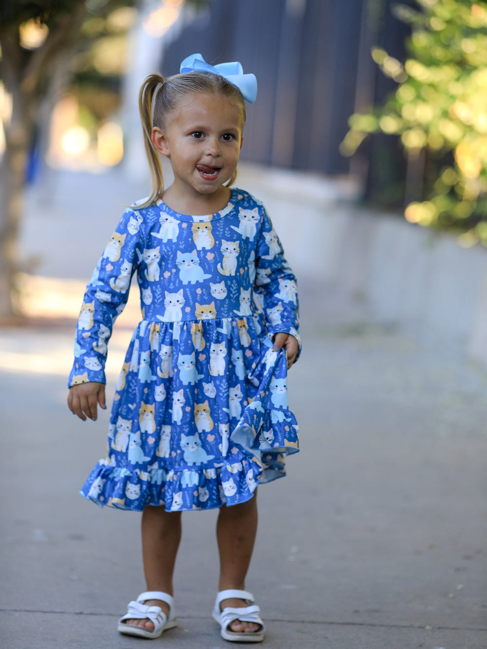 Fall Cat Print Girls Long Sleeve Ruffle Hem Dress