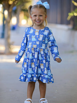 Fall Cat Print Girls Long Sleeve Ruffle Hem Dress