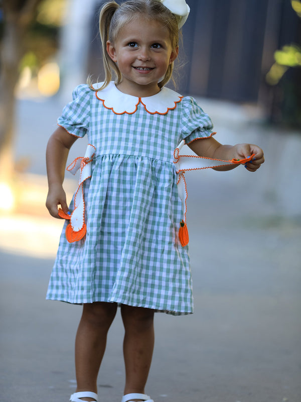 Fall Plaid Girls Dress Pumpkin Bow Smocked Peter Pan Collar