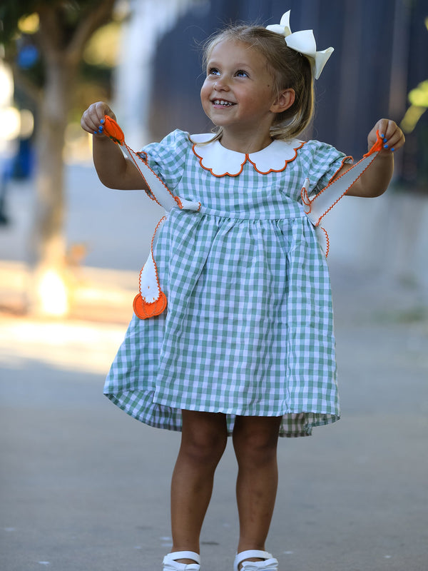 Fall Plaid Girls Dress Pumpkin Bow Smocked Peter Pan Collar