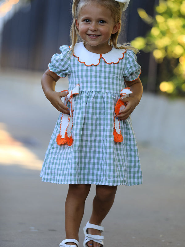 Fall Plaid Girls Dress Pumpkin Bow Smocked Peter Pan Collar