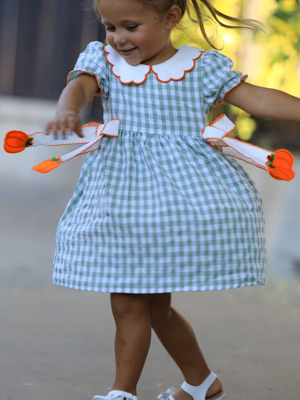 Fall Plaid Girls Dress Pumpkin Bow Smocked Peter Pan Collar