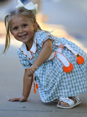 Fall Plaid Girls Dress Pumpkin Bow Smocked Peter Pan Collar