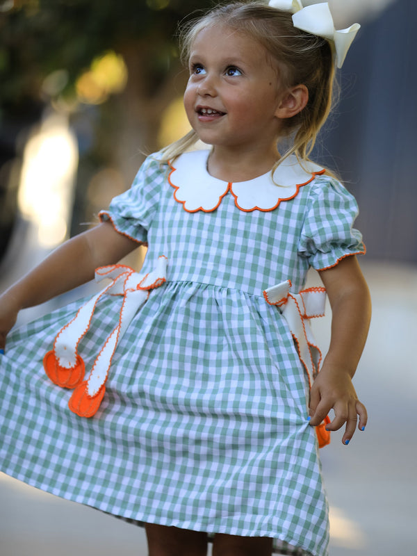 Fall Plaid Girls Dress Pumpkin Bow Smocked Peter Pan Collar