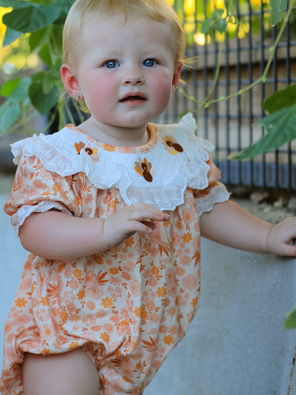 Thanksgiving Turkey Floral Lace Bubble Girls Romper