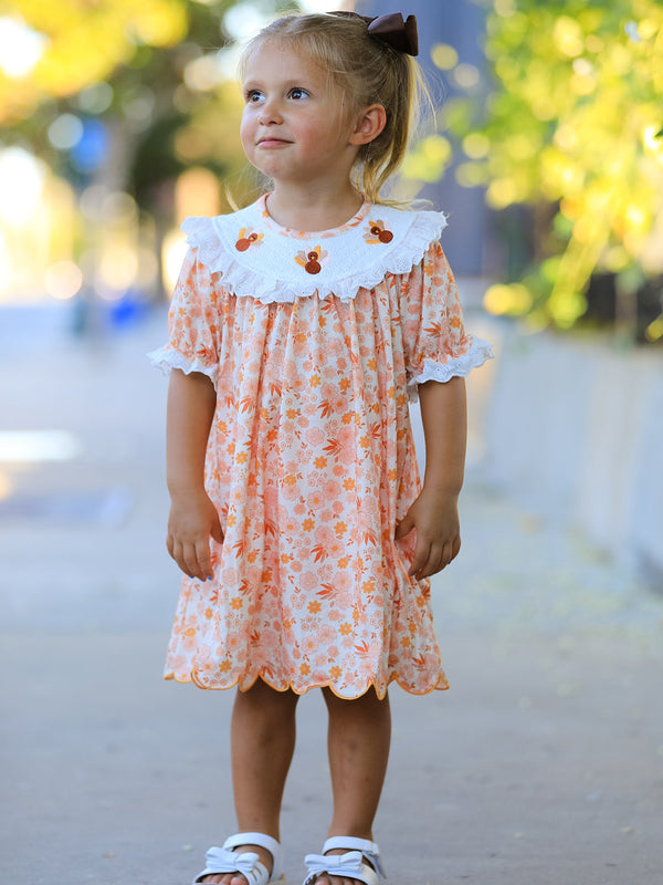 Thanksgiving Turkey Floral Lace Ruffle Girls Dress