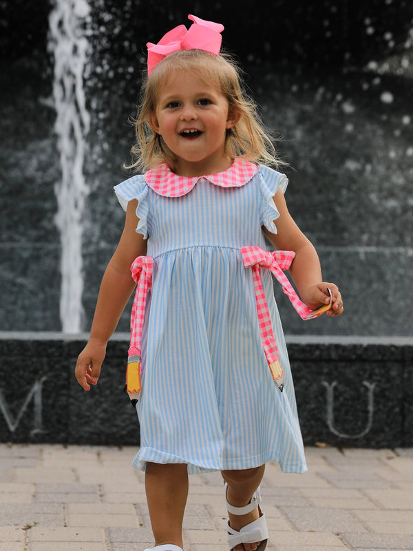 Back To School Girls Striped lapels Bow Dress
