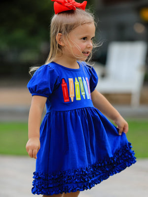 Girls Back To School Crayon Twirl Dress Ruffle Applique