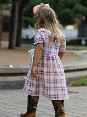 Western Horse Embroidered Smocked Plaid Girls Dress