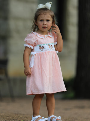 Western Horse Embroidery Girls Dress Lace Petals Collar Puff Sleeve