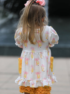 Girls Back To School Pencil Bow Pocket Ruffle Top Shorts Set