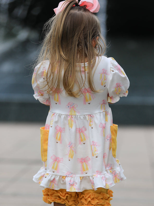 Girls Back To School Pencil Bow Pocket Ruffle Top Shorts Set