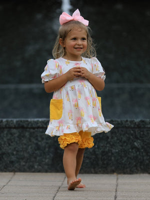 Girls Back To School Pencil Bow Pocket Ruffle Top Shorts Set