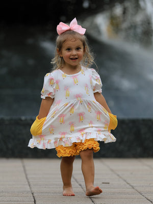 Girls Back To School Pencil Bow Pocket Ruffle Top Shorts Set