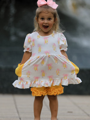Girls Back To School Pencil Bow Pocket Ruffle Top Shorts Set