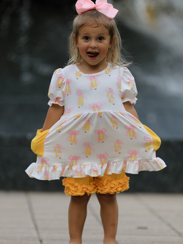 Girls Back To School Pencil Bow Pocket Ruffle Top Shorts Set