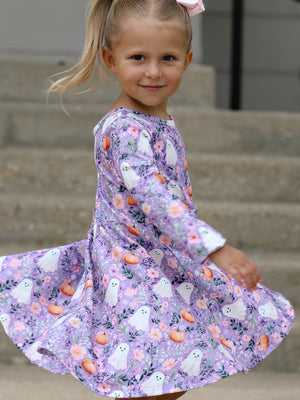 Halloween Ghost Pumpkin Girls Long Sleeve Twirl Dress